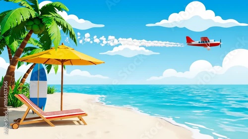 Cartoon tropical beach scene with airplane animation holiday resort relaxation,palm trees,sea,surfboard,sun umbrella and deck chair