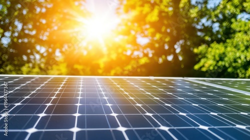 Solar energy panel collecting bright sunlight with green foliage in the background, representing clean renewable power generation.