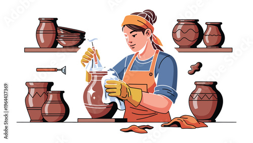 Pottery artist at Work: A skilled artisan meticulously cleans a newly crafted pot, showcasing the dedication to their craft, surrounded by other pottery pieces. 