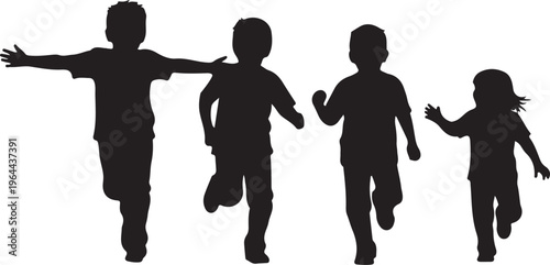 Black silhouettes of happy children running, kids in motion, playful running figures, silhouette collection