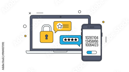 Laptop and smartphone with security lock and rating star icons represent secure online feedback and digital transactions.