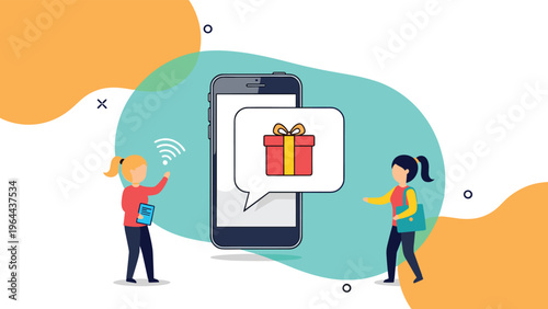 Smartphone with gift box icon in speech bubble and two people interacting nearby for mobile reward and loyalty programs.