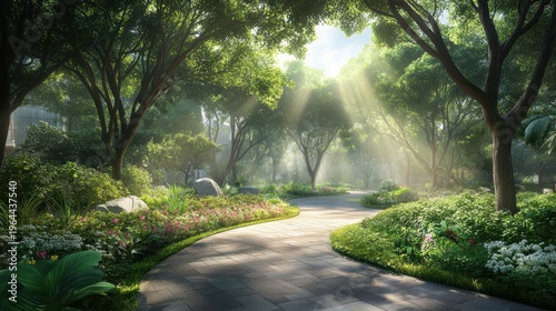 Sunlight filters through lush trees and foliage in a serene park pathway, inviting a peaceful stroll.