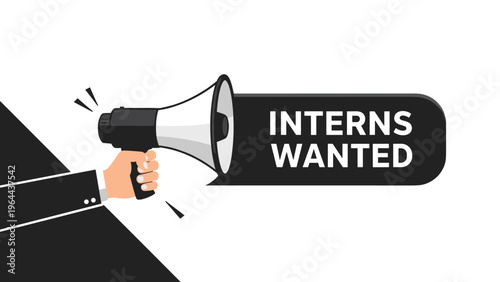 Hand in suit holding a megaphone with interns wanted text inside a dark speech bubble for student recruitment and hiring.