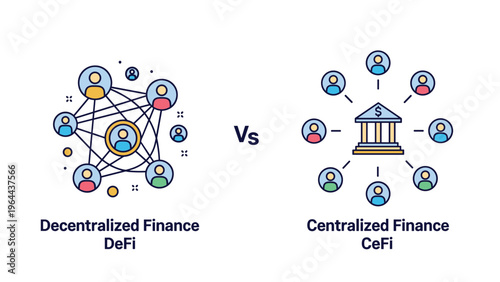 Comparison illustration between decentralized finance DeFi and centralized finance CeFi with network and bank icons for crypto.