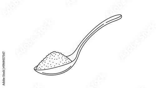 Simple black and white line drawing of a spoon filled with a small pile of fine powder or sugar for cooking and baking.