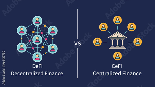 Decentralized finance versus centralized finance comparison illustration showing networking nodes against a bank icon.