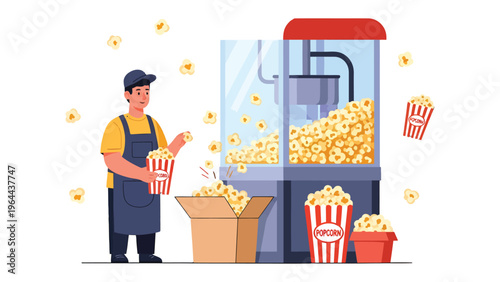 Popcorn Production: An animated illustration captures a worker in the process of making popcorn, with machine, boxes, and cups. It's a delightful snapshot of classic snack