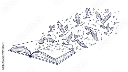 Literary Flight: An open book releases a flock of birds, symbolizing the liberation of knowledge and the soaring imagination.