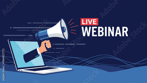 Live webinar promotional banner showing a hand holding a megaphone emerging from a laptop screen for online learning.