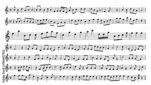 Classical music sheet with black musical notes and symbols on staves representing a professional song composition.