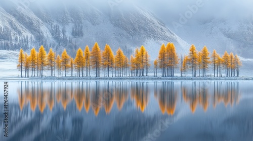 Vibrant autumn trees reflected in a still winter lake with snow-capped mountains in the background