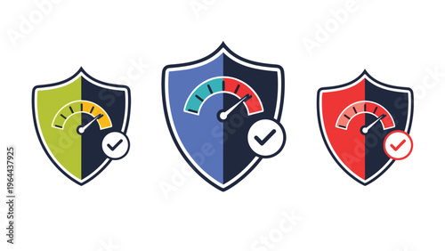 Set of three performance security shield icons with speed gauges and checkmarks for website protection monitoring.
