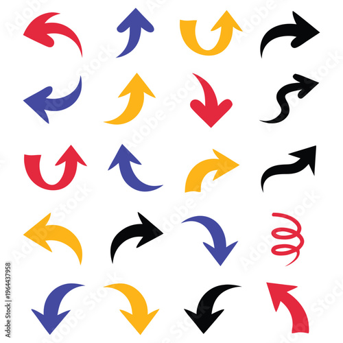 Curved Arrow Icons Set Vector, Directional Arrows Collection, Modern Navigation Symbols in Red Blue Yellow Black