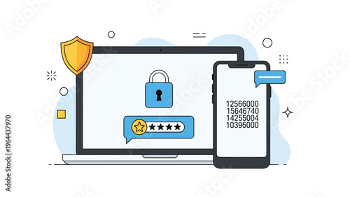 Digital security concept showing a laptop with a padlock and a smartphone displaying a security code and rating.