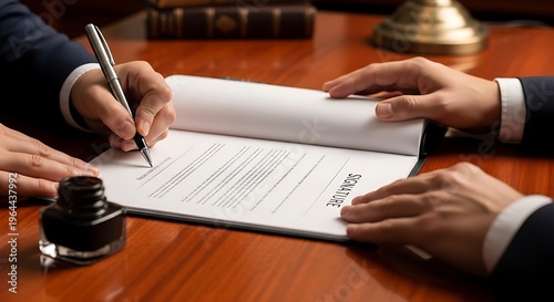 Close up of businesspeople signing important documents at a wooden desk with a gavel and inkwell