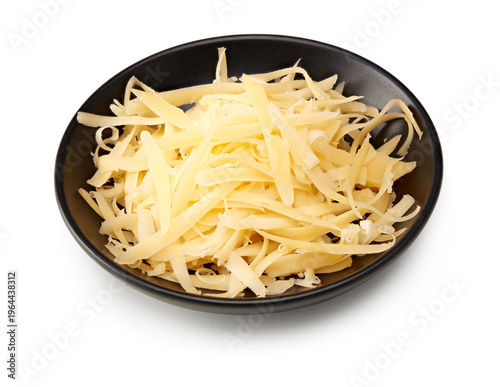 zest of cheese in black bowl isolated on white background. clipping path