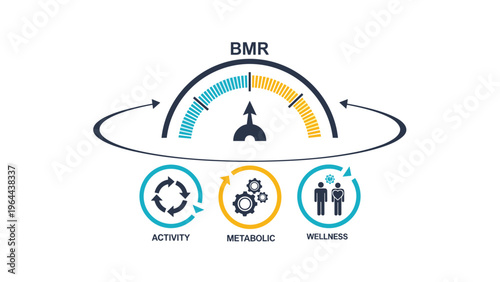 Basal metabolic rate gauge with activity, metabolic, and wellness icons provides a health and fitness overview for physical goals.