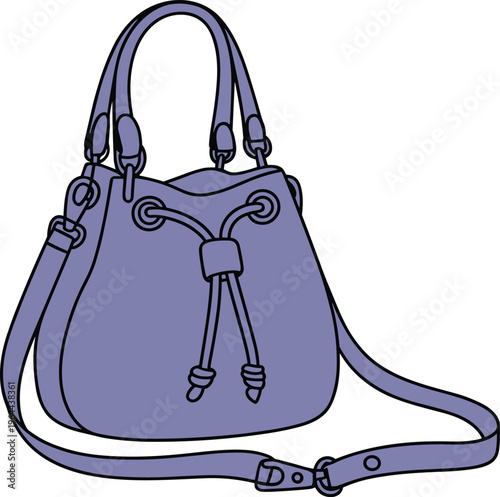Stylish leather bucket handbag with drawstring closure and shoulder strap, modern fashion accessory vector illustration design