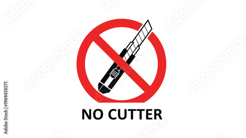 Safety warning sign with a crossed out box cutter and no cutter text indicates a precaution to prevent damage when opening packages.