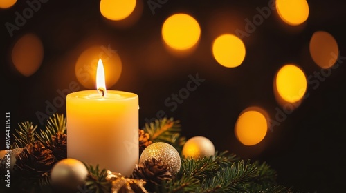 Warm Candlelight Glow with Festive Christmas Ornaments and Pine Branches, Evoking Holiday Cheer