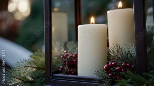 Warm Christmas Candles Inside a Rustic Metal Lantern with Pine Needles and Berries, Illuminated by Soft Light