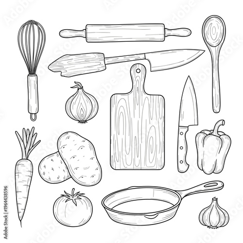 Hand Drawn Kitchen Utensils and Vegetables