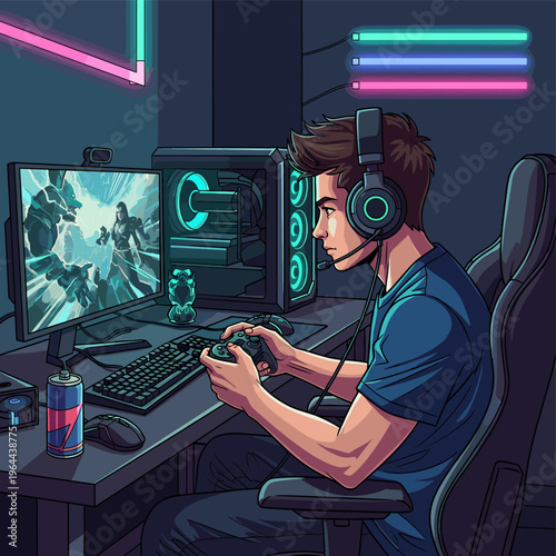 Young man intensely focused on playing video games in a neon-lit gaming setup with a powerful PC and headphones, enjoying his leisure time.