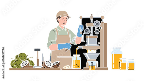 Crafting Coconut Oil: A craftsman expertly extracts coconut oil using an industrial machine, surrounded by fresh coconuts and glass jars filled with the golden liquid