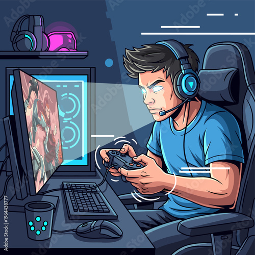 A young man intensely focused on playing a video game at his glowing PC setup, wearing headphones and using a controller in a dimly lit room.