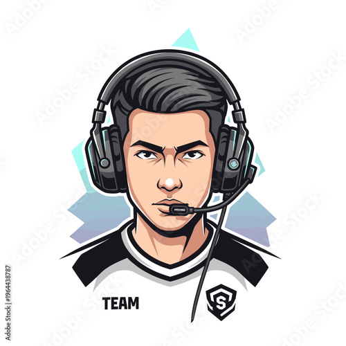 Stylized illustration of a serious young male gamer wearing a black headset with microphone, dressed in an e-sports team jersey with abstract background.