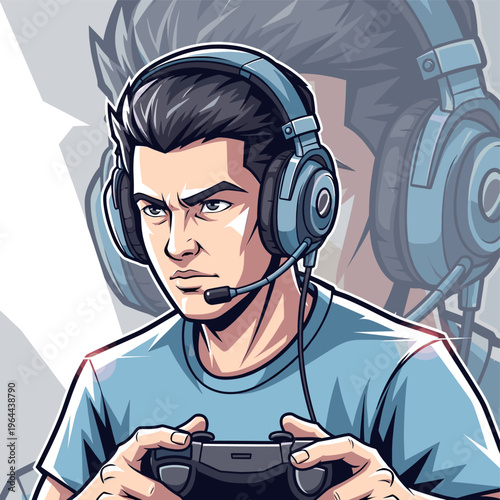 Focused young man playing video games with headphones and controller, cartoon illustration in a dynamic style.
