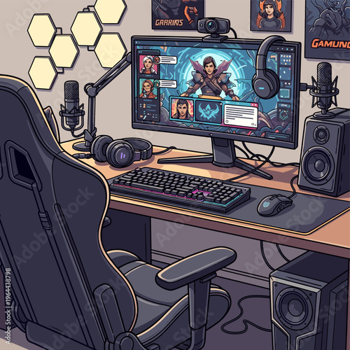 A modern gaming setup featuring a high-end PC, monitor displaying a multiplayer game or video conference, gaming chair, microphones, headphones, and hexagonal wall lights.