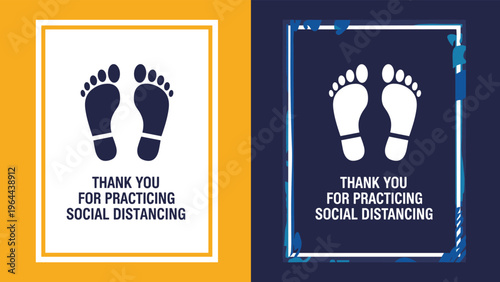 Public health advisory sign thanking people for practicing social distancing with footprint icons on white and blue panels.