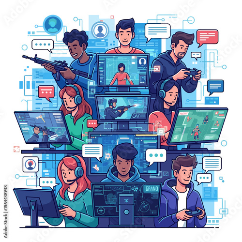 A vibrant illustration of diverse gamers interacting online through various digital devices and network connections.