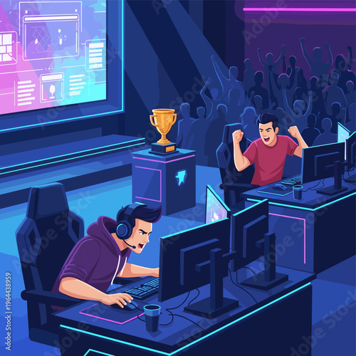 Two professional esports gamers competing in a vibrant arena, one celebrating victory while the other focuses intensely, with a cheering crowd and a trophy on display.