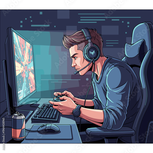 Young man focused on playing video games at a computer desk with a headset and controller, illuminated by the screen.