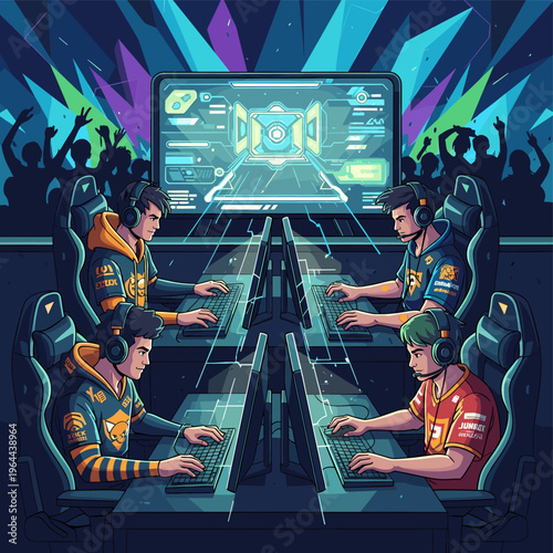 Four esports gamers competing intensely in a vibrant arena with a cheering crowd and large display screen.