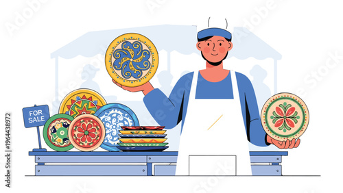 Ceramic Artisan Displaying wares: An artisan proudly displays their ceramic creations, a vibrant array of plates showcasing intricate designs and patterns. 