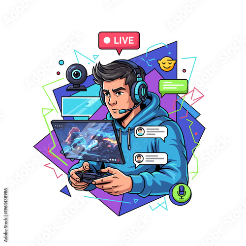 Young man gamer streaming live video game content online with headset and controller, surrounded by digital icons and abstract shapes.