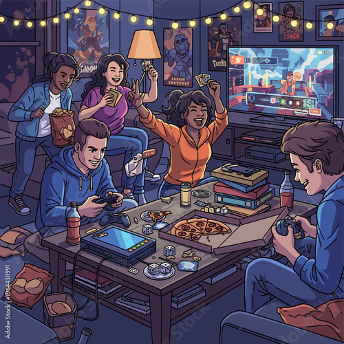 A group of young friends gather in a cozy room to play video games, eat pizza, and enjoy a fun evening together, laughing and celebrating.