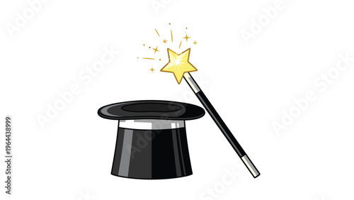 Classic magic performance set featuring a black top hat and a magic wand with sparkling stars on a white background.