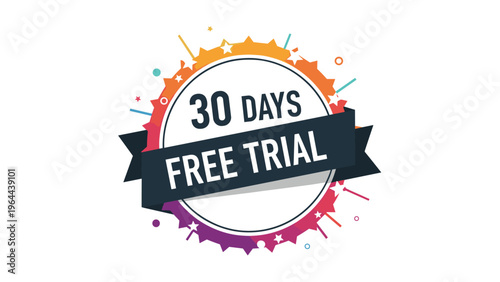 Thirty days free trial promotional badge with a ribbon and decorative background for software subscriptions and product testing offers.