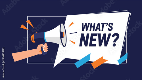 Megaphone in hand announcing what is new inside a speech bubble on dark background represents marketing and news.