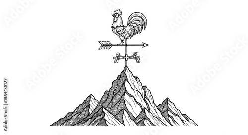Rooster weathervane atop a mountain peak hand drawn illustration.