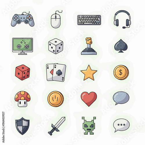 A collection of colorful gaming and leisure icons including controllers, dice, cards, and other game elements.
