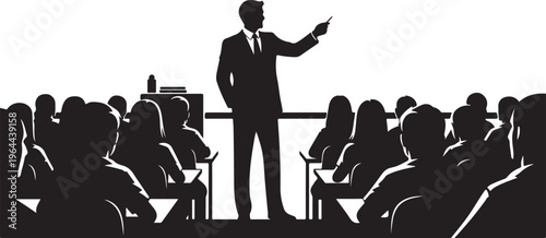 Businessman presenting, black silhouette, audience vector, presentation illustration, office meeting