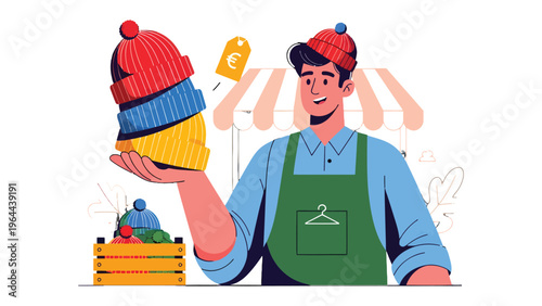 Shopkeeper's Hat Stack: A cheerful shopkeeper presents a vibrant stack of colorful hats, suggesting warmth and fashion, potentially in a street market setting.