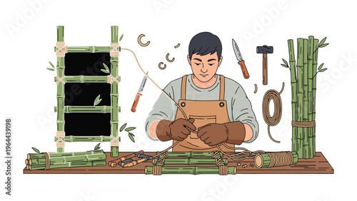 Crafting with Bamboo: An artisan is meticulously focused, expertly manipulating natural bamboo, showcasing skill and dedication in crafting with organic material. 