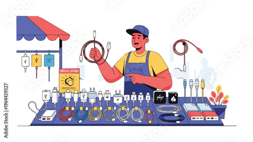 Electronics Vendor's Stall: A street vendor, surrounded by a vibrant display of electronic chargers and cables, stands ready to assist customers. An illustration of industry and commerce